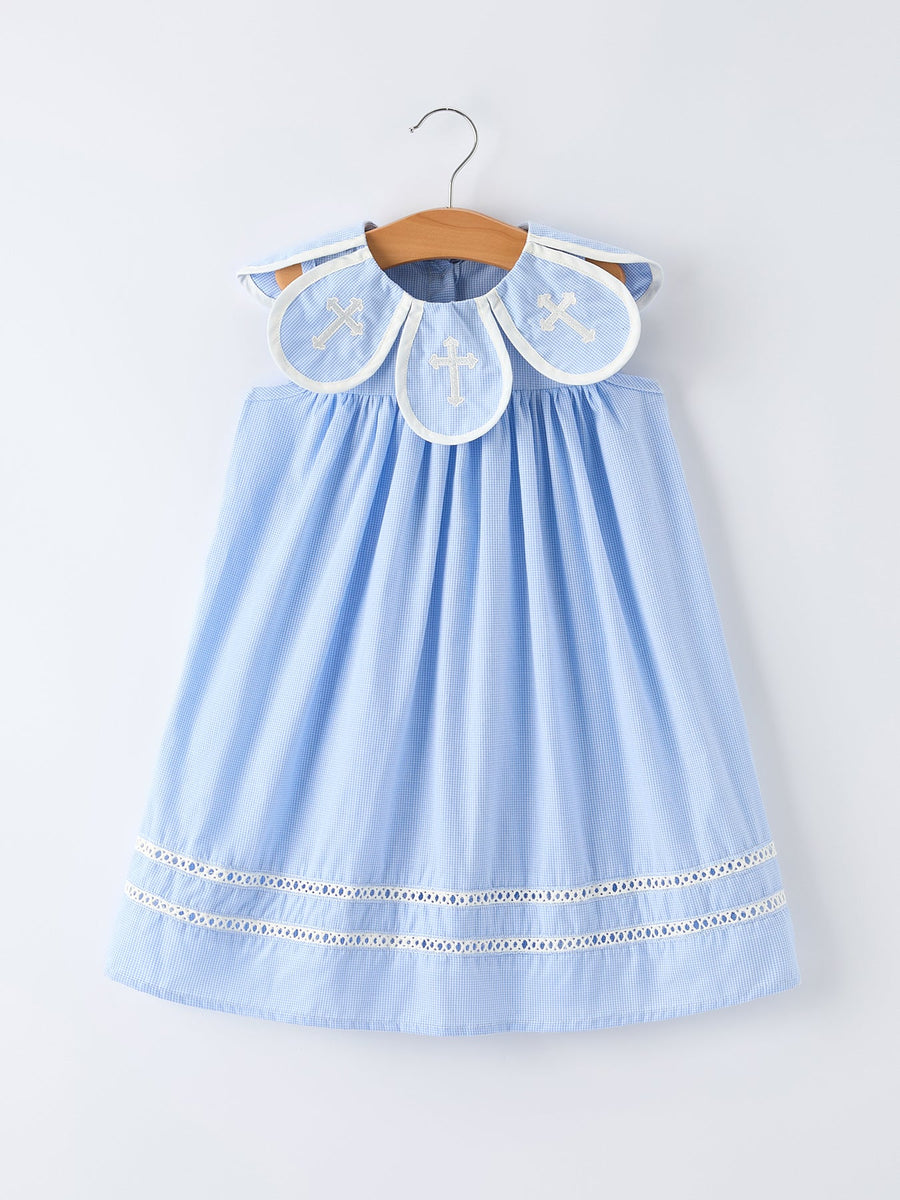 Blue Petal Peter Pan Collar Bishop Christening Dress