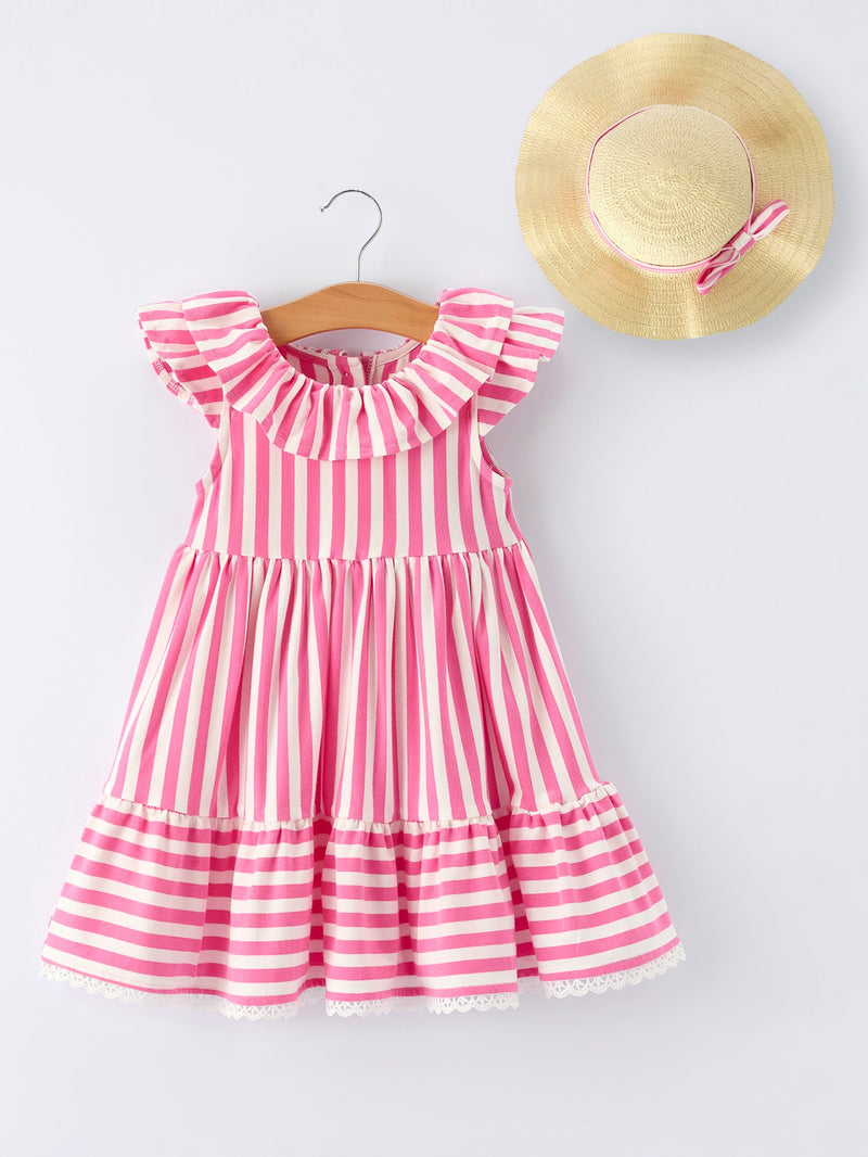 Spring  Pink Striped Ruffled Girls' Dress with Hat - 1