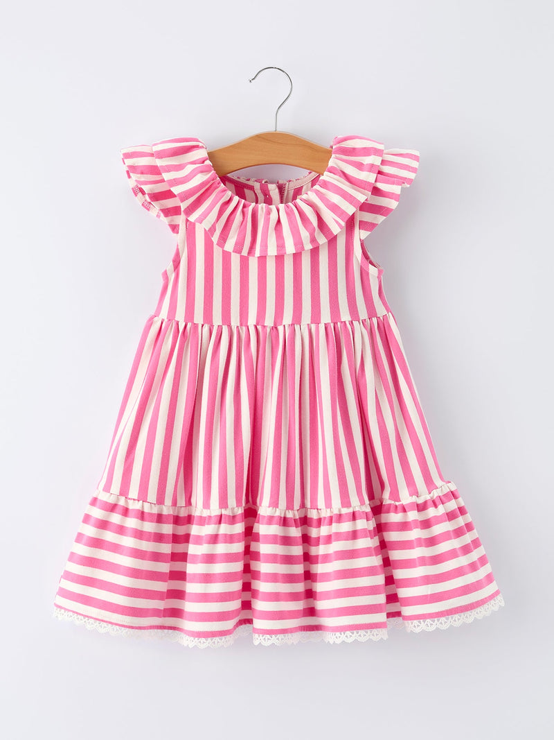 Spring  Pink Striped Ruffled Girls' Dress with Hat - 7