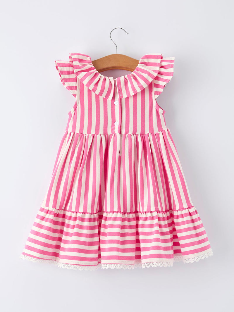 Spring  Pink Striped Ruffled Girls' Dress with Hat - 8