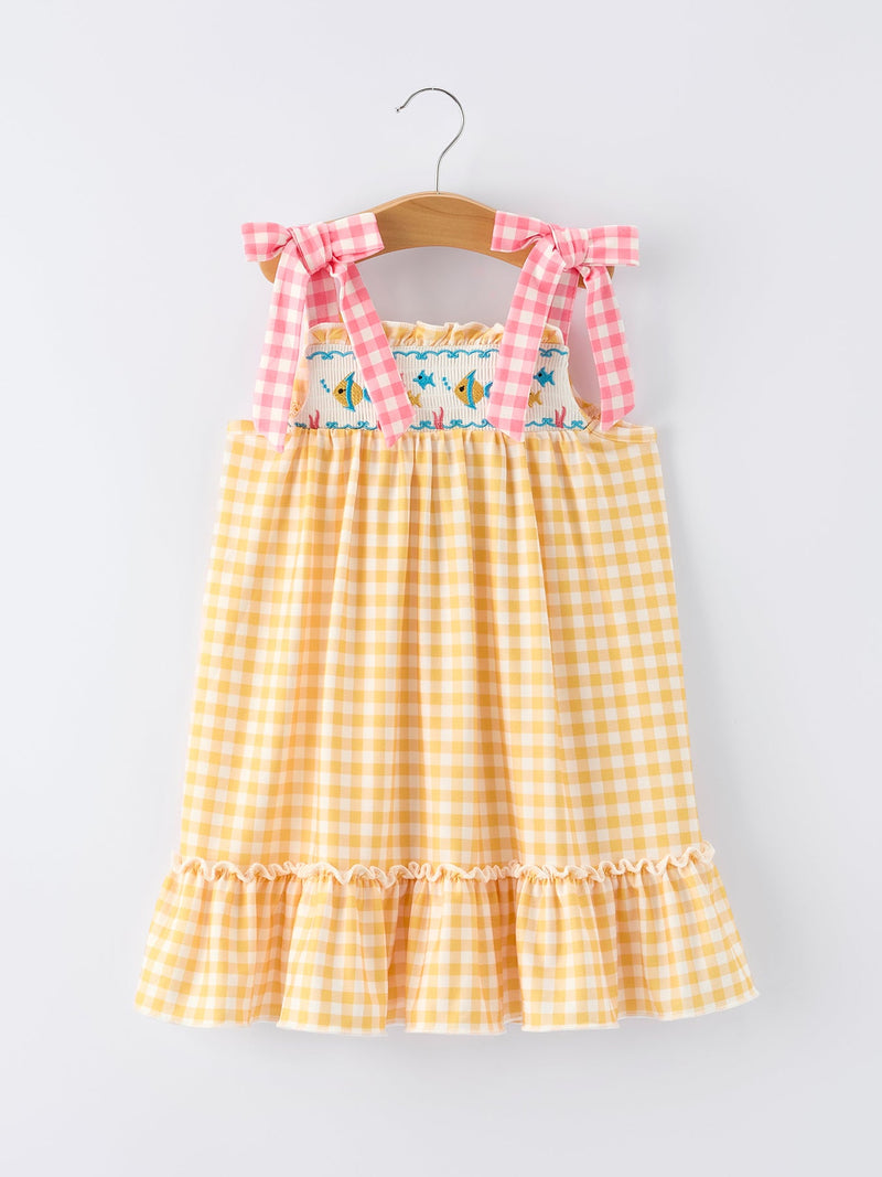 Fish Embroidery Smocking Plaid Girls' Dress - 1