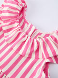 Spring  Pink Striped Ruffled Girls' Dress with Hat - 9