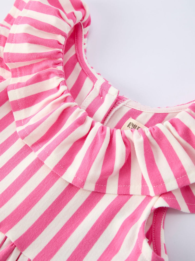 Spring  Pink Striped Ruffled Girls' Dress with Hat - 9