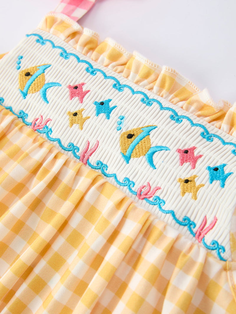Fish Embroidery Smocking Plaid Girls' Dress - 4