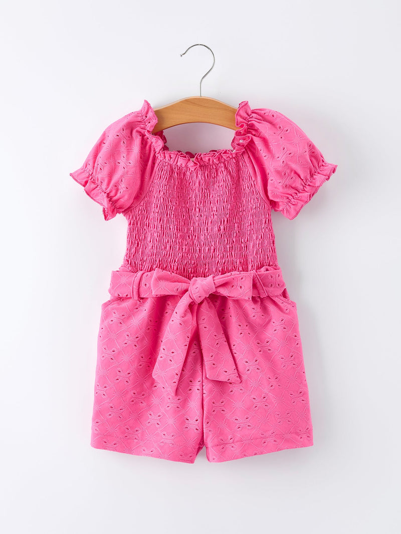 Spring Hot Pink Short-sleeved Girls Jumpsuit - 1