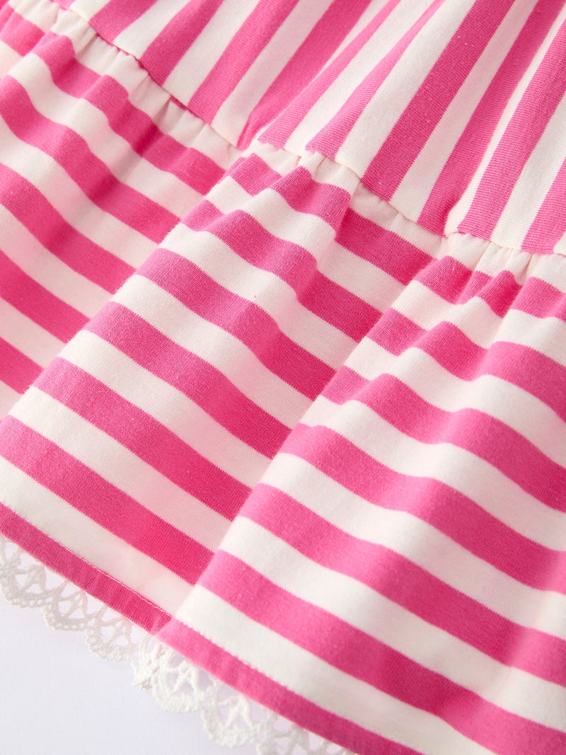 Spring  Pink Striped Ruffled Girls' Dress with Hat - 10