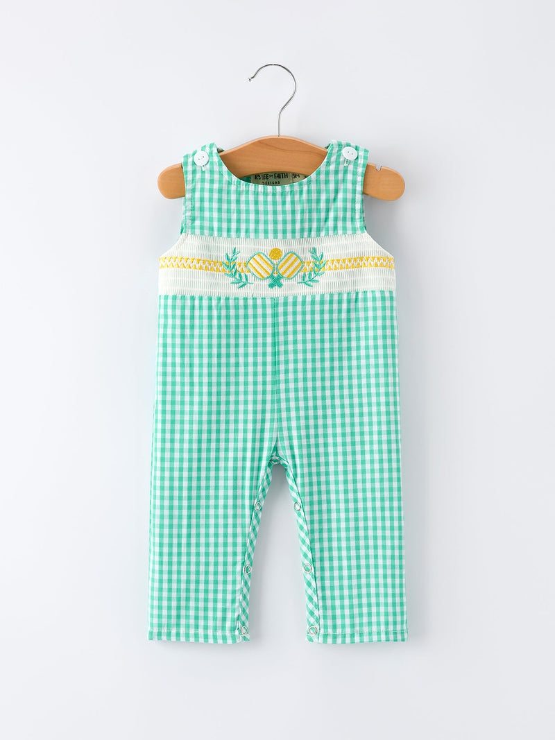 Pickle Ball Embroidered Smocked Green Baby Boys Romper - 1