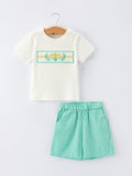 Pickle Ball Spring Gingham Embroidered Smocked Green Boys Shorts Set - 1