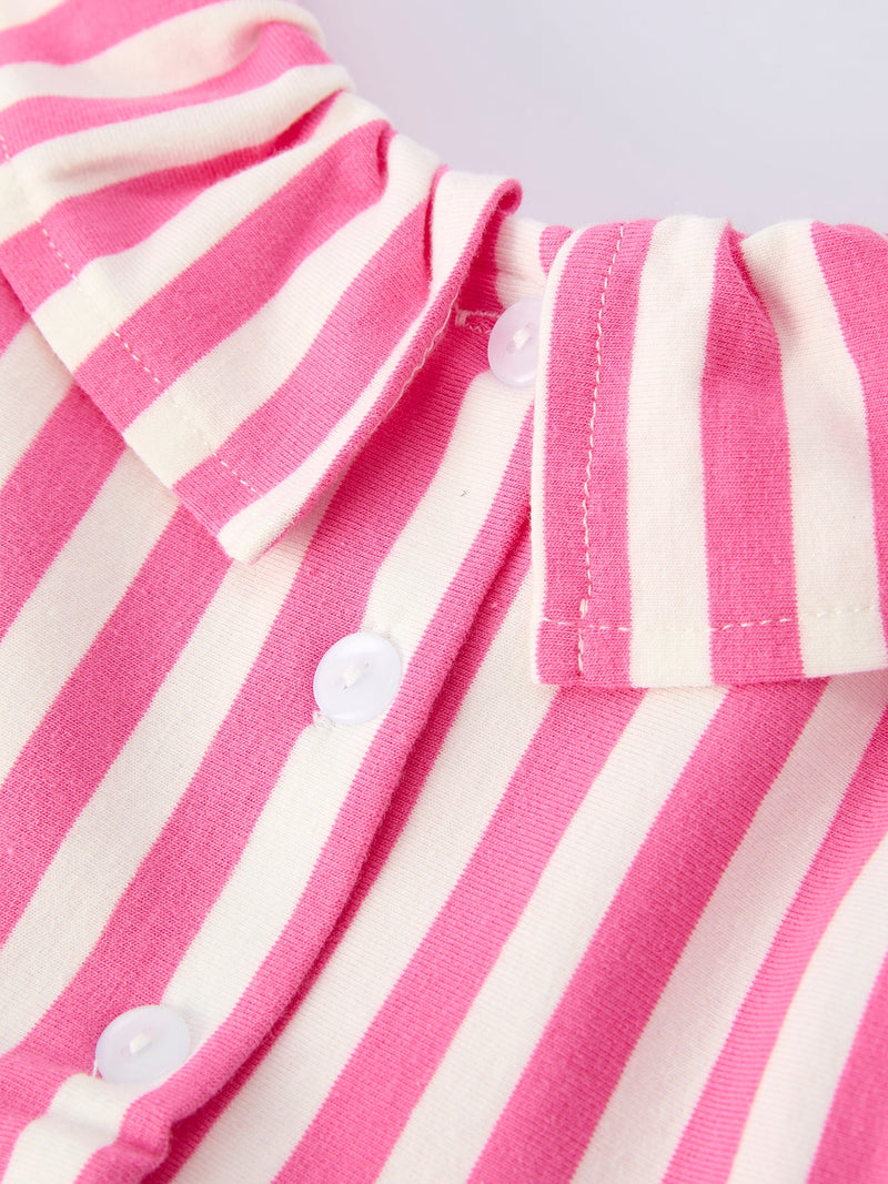 Spring  Pink Striped Ruffled Girls' Dress with Hat - 11