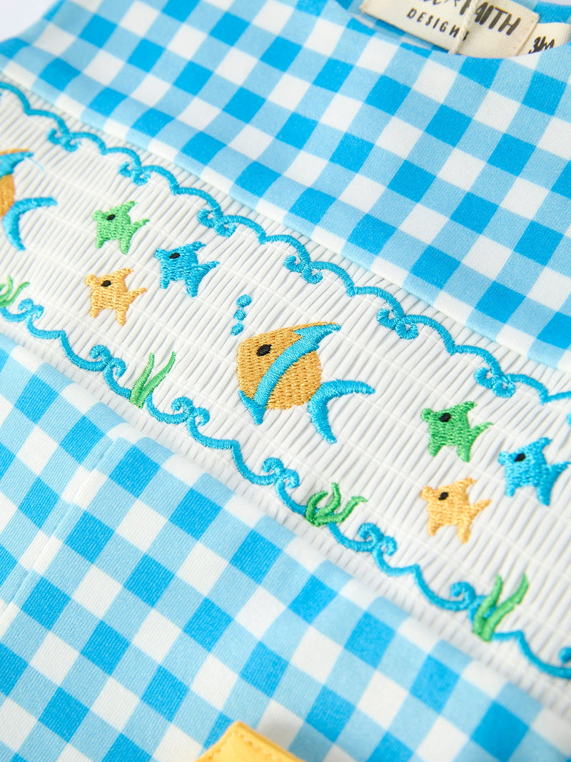 Fish Embroidery Smocking Plaid Baby Boy Romper - 4