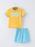 Fish Embroidery Smocking Plaid Boys'Set - 1