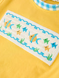 Fish Embroidery Smocking Plaid Boys'Set - 5