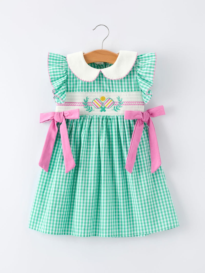 Spring Gingham Bow Ruffle Smocked Pickle Ball Girl Dress - 1