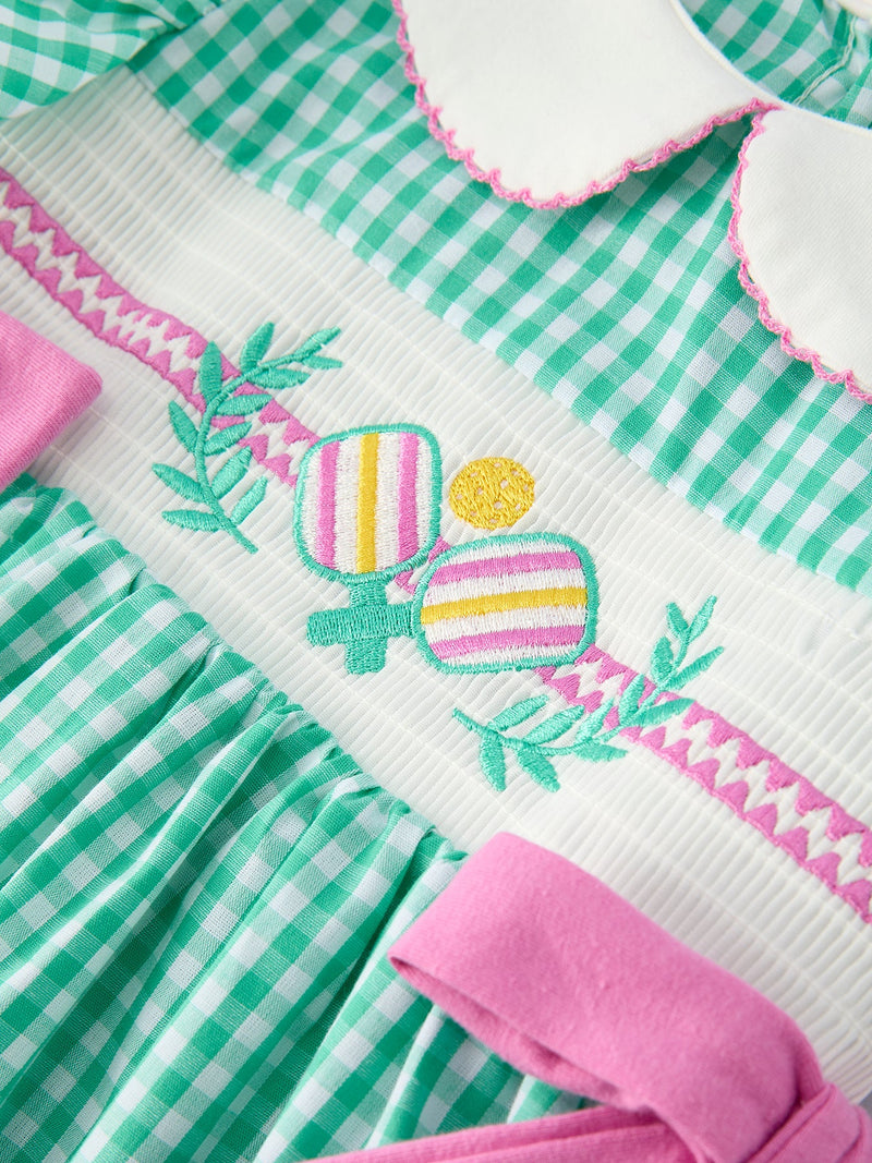 Spring Gingham Bow Ruffle Smocked Pickle Ball Girl Dress - 4