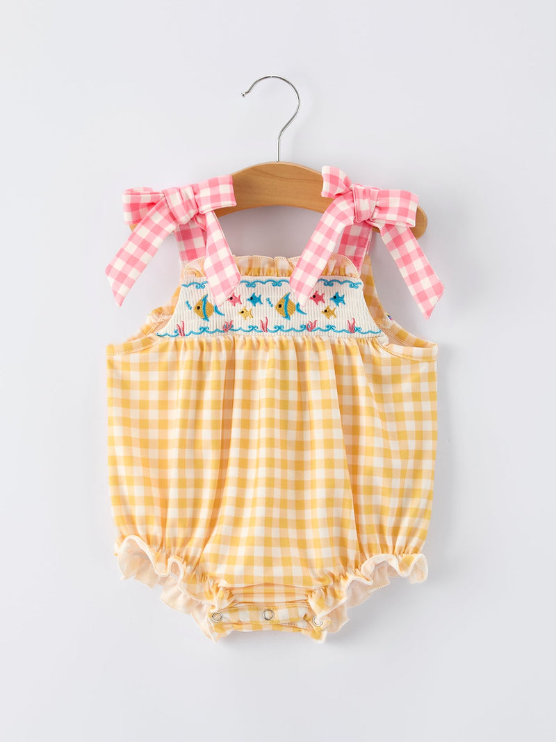 Fish Embroidery Smocking Plaid Baby Girl Romper - 1