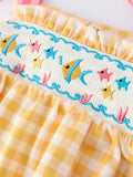 Fish Embroidery Smocking Plaid Baby Girl Romper - 4