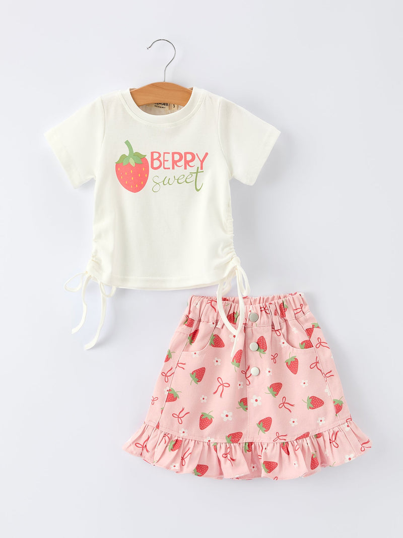 Girls' Spring Short-sleeved "Berry Sweet" Printed Top and Skirt Set - 1