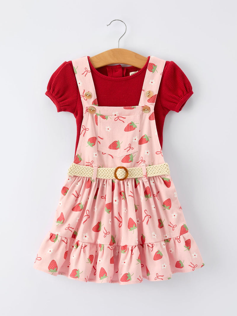 Girls Spring Short-sleeved top + Strawberry Print Overall Dress Set - 1