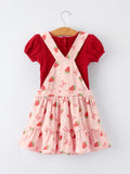 Girls Spring Short-sleeved top + Strawberry Print Overall Dress Set - 2
