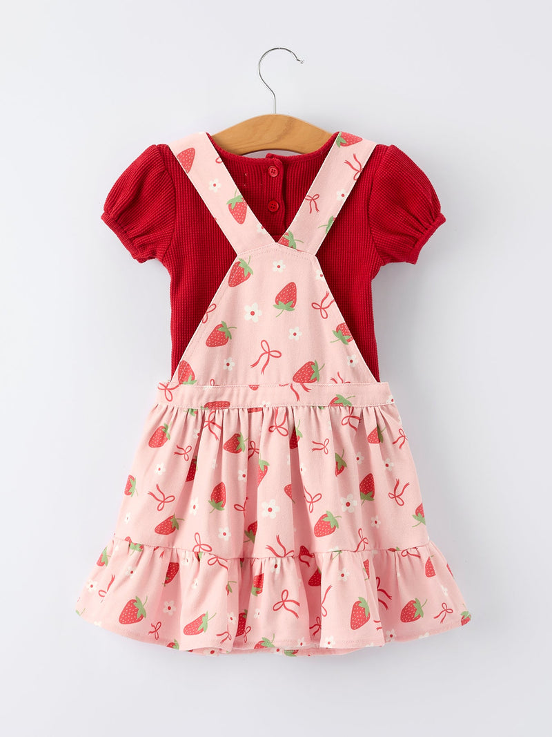 Girls Spring Short-sleeved top + Strawberry Print Overall Dress Set - 2