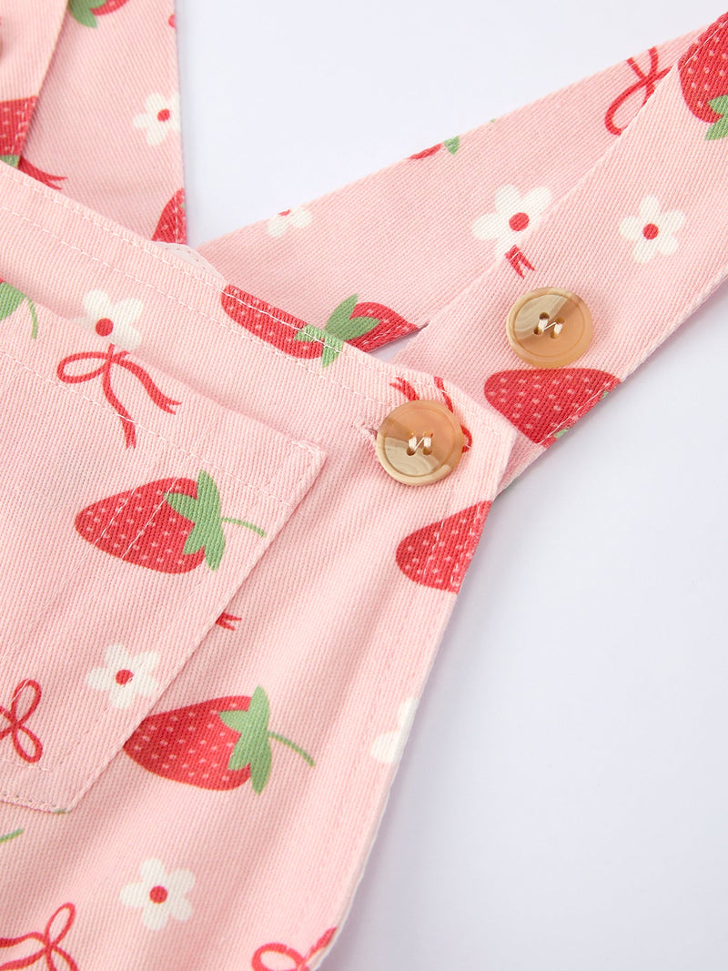Girls Spring Short-sleeved top + Strawberry Print Overall Dress Set - 4