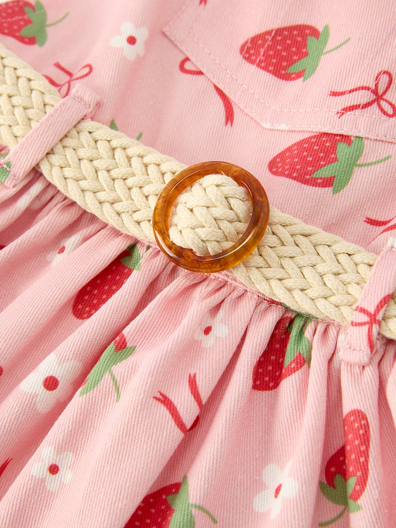 Girls Spring Short-sleeved top + Strawberry Print Overall Dress Set - 5