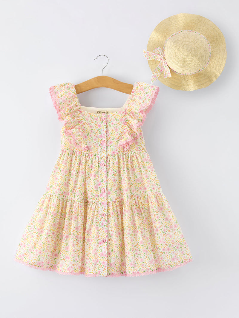 Spring Floral Girls Ruffle Dress With Bow Straw Hat Set - 6