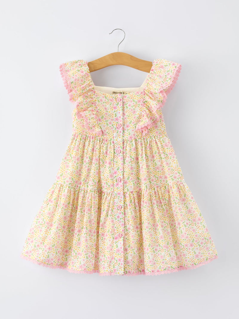Spring Floral Girls Ruffle Dress With Bow Straw Hat Set - 7