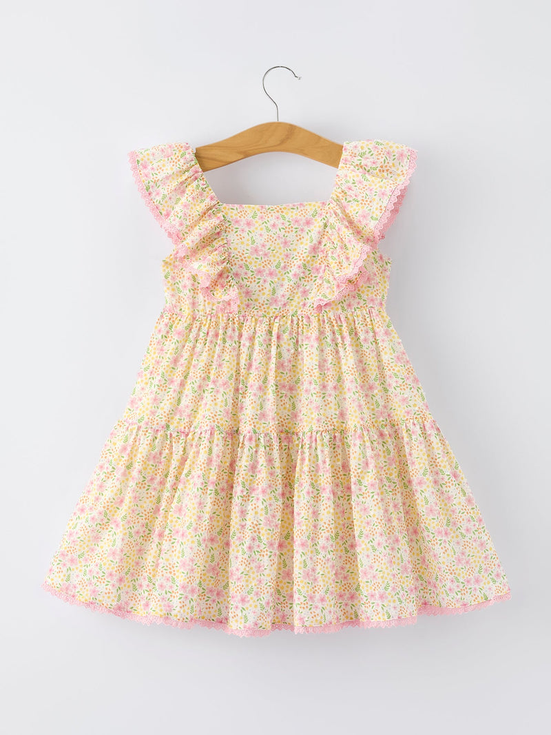 Spring Floral Girls Ruffle Dress With Bow Straw Hat Set - 8