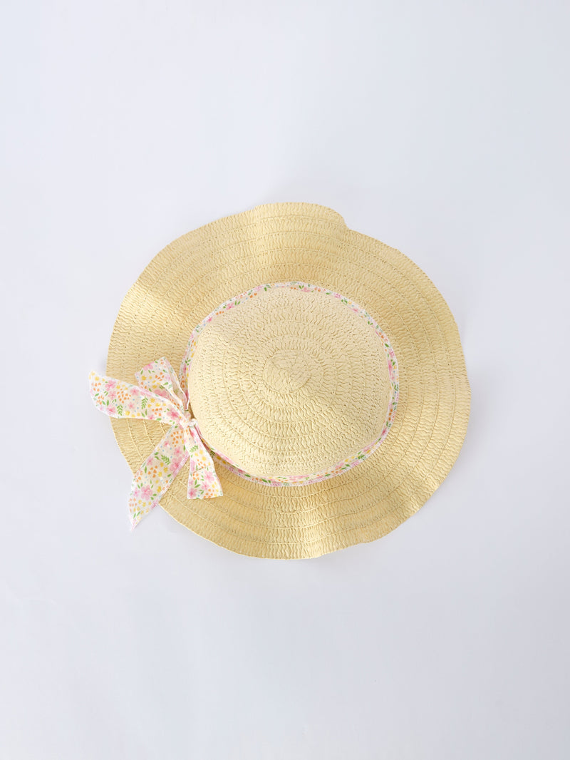Spring Floral Girls Ruffle Dress With Bow Straw Hat Set - 14
