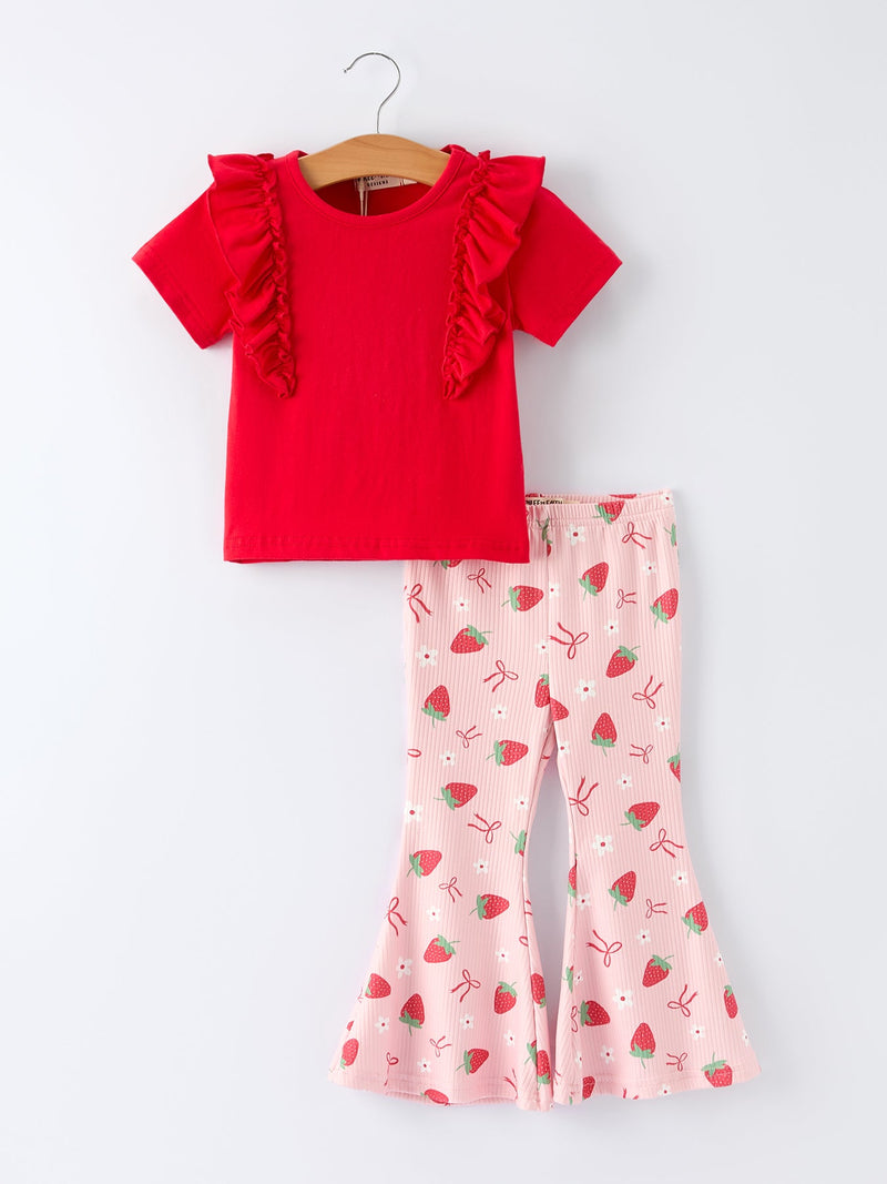 Strawberry Bow Girls Ruffle Top and Bell Bottoms Set - 6