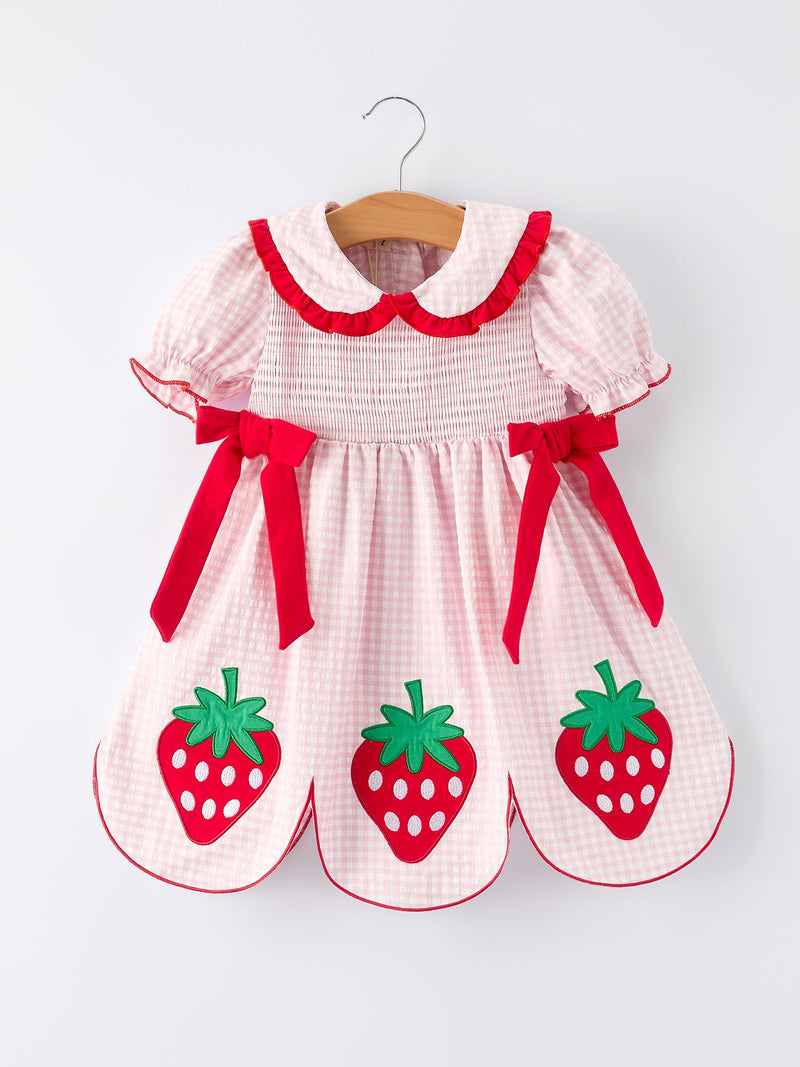 Girls Plaid Smocked Dress with Strawberry Detail - 1