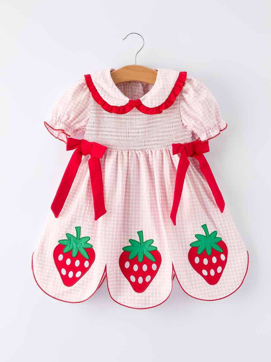 Girls Plaid Smocked Dress with Strawberry Detail