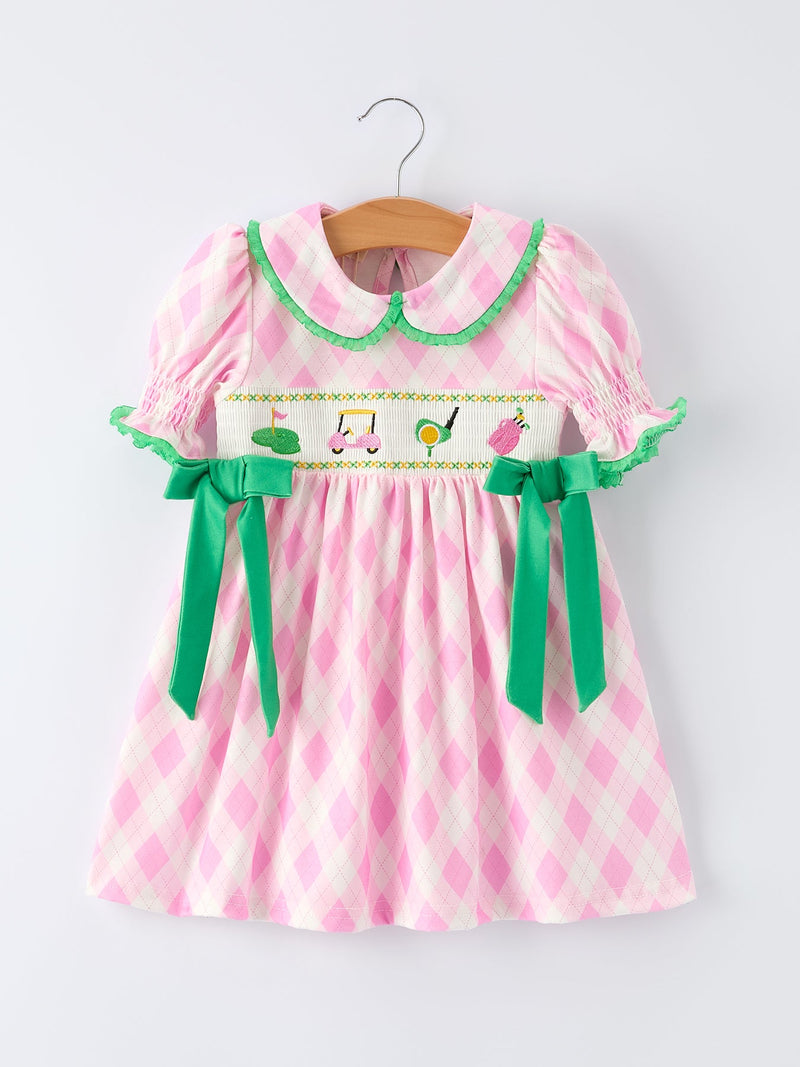 Spring Golf Embroidered Girls Smocked Bow Dress - 1