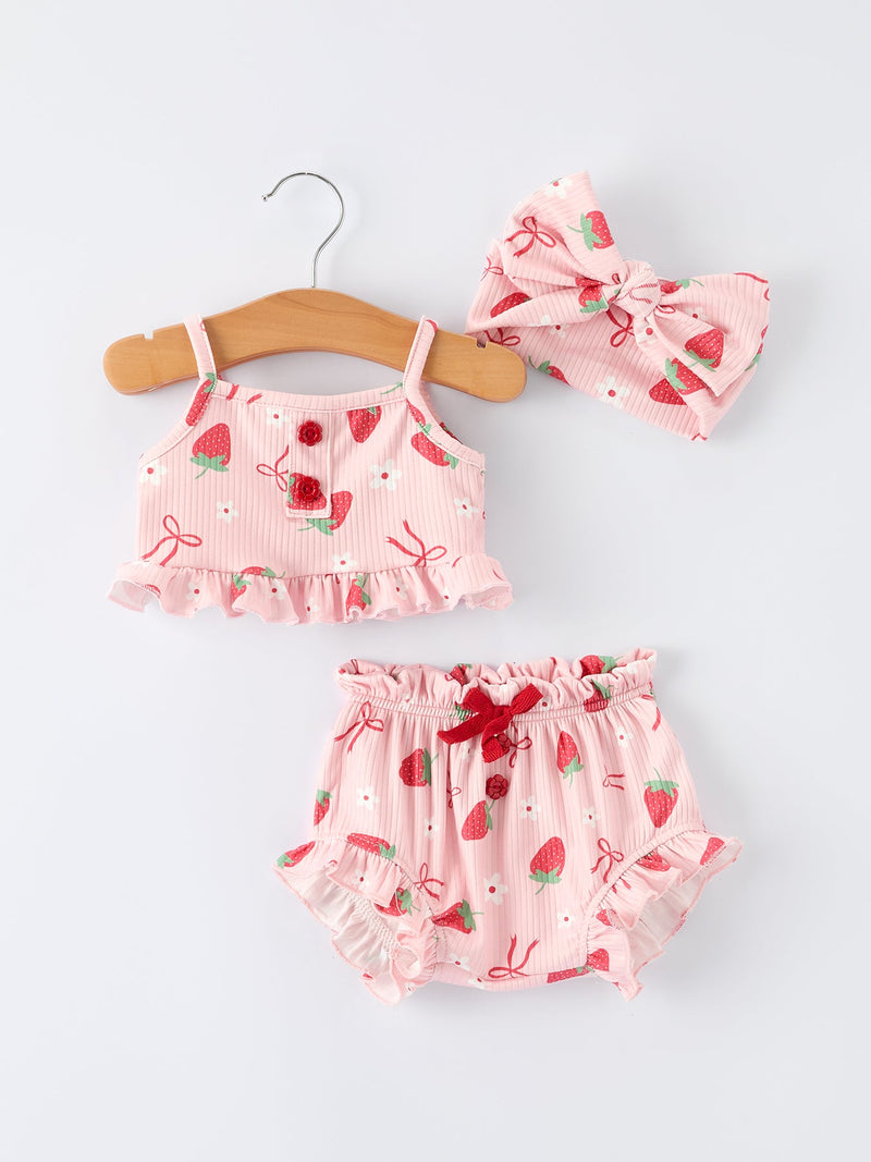 Strawberry Bow Baby Girls Short Sleeves Bloomer Set - 1