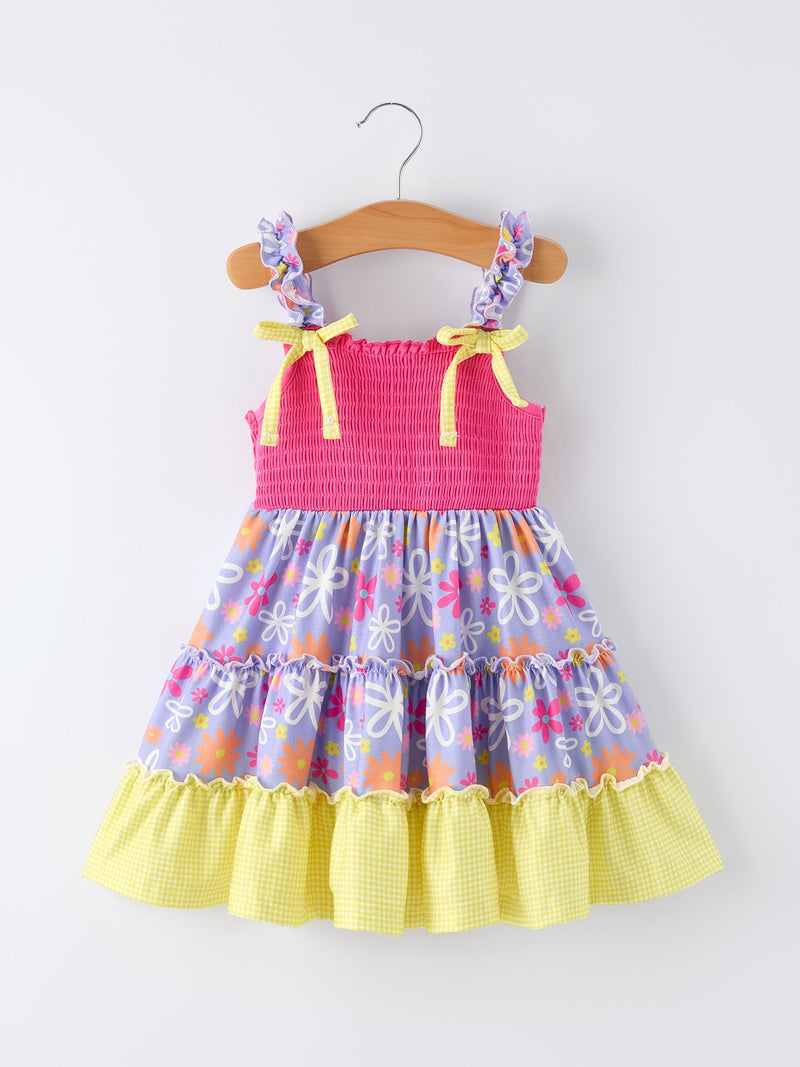 Summer Floral Girls Bow Ruffle Smocked Dress - 1