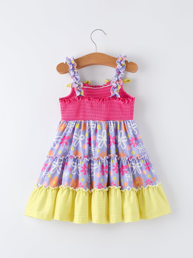 Summer Floral Girls Bow Ruffle Smocked Dress - 2