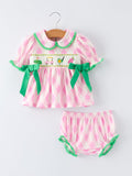Spring Golf Embroidered Baby Girls Smocked Bow Bloomer Set - 1