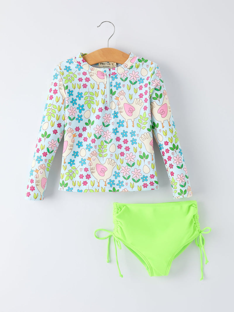 Summer Chicken Print Girls Long Sleeve Swim Set - 6