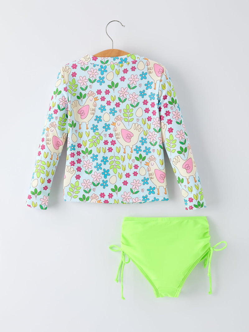 Summer Chicken Print Girls Long Sleeve Swim Set - 7
