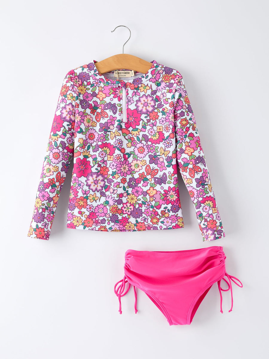 Hot Pink Floral Long Sleeve Toddler Swim Set
