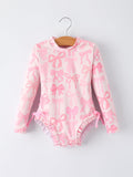 Summer Bow Print Girls Long Sleeve Ruffle One Piece Swimsuit - 1