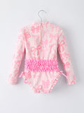 Summer Bow Print Girls Long Sleeve Ruffle One Piece Swimsuit - 2