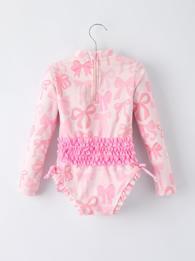 Summer Bow Print Girls Long Sleeve Ruffle One Piece Swimsuit - 2