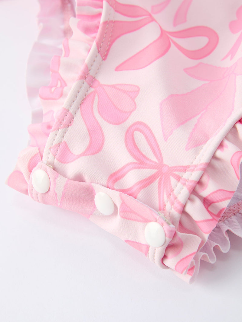 Summer Bow Print Girls Long Sleeve Ruffle One Piece Swimsuit - 5