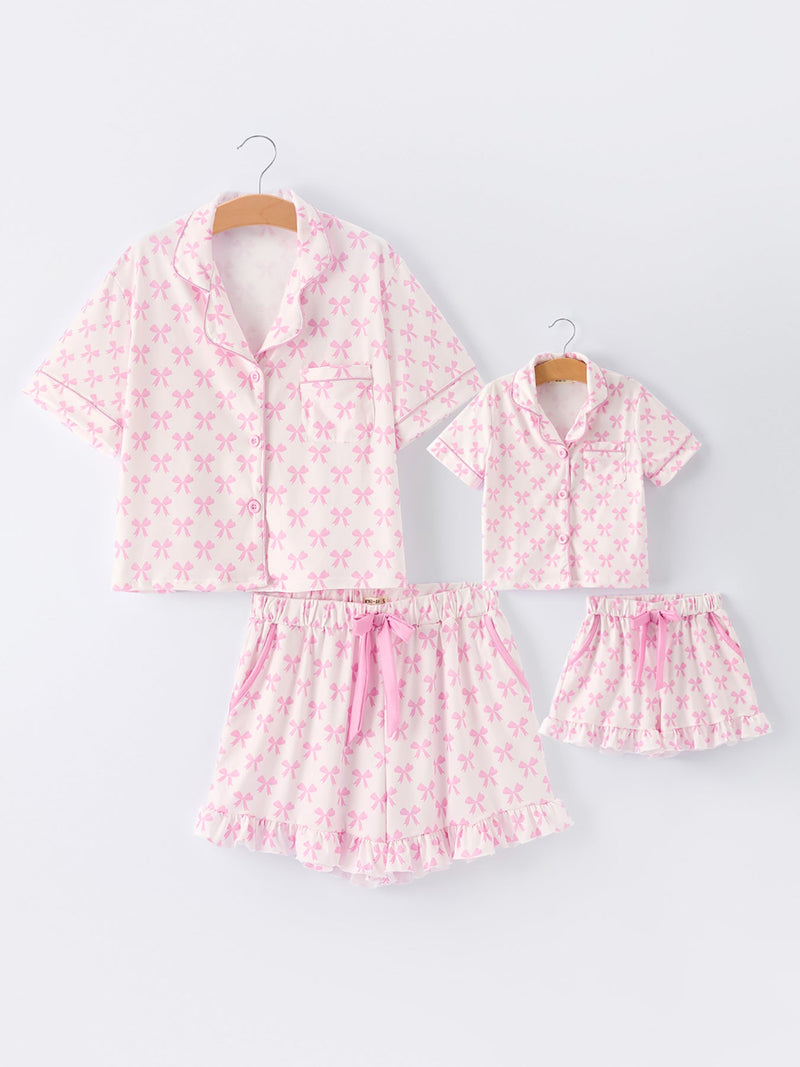 Mommy & Me Pink Bow Print Ruffle Pajama Set - 2