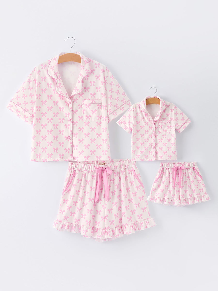 Mommy & Me Pink Bow Print Ruffle Pajama Set