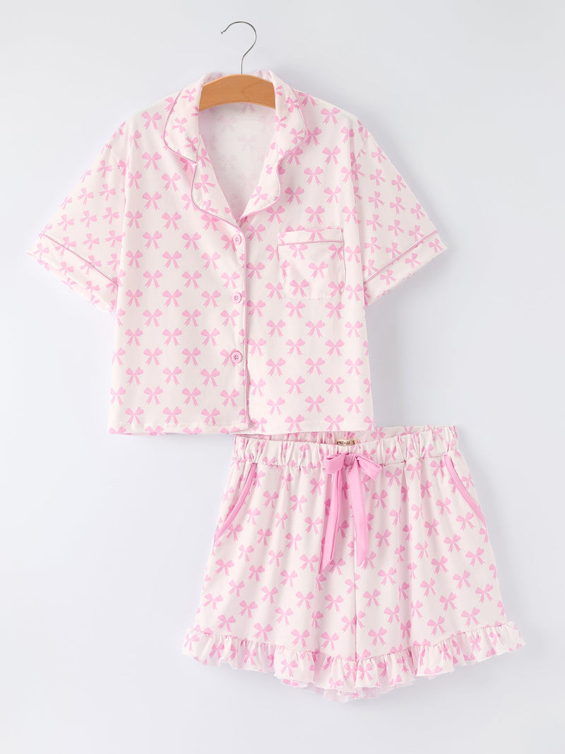 Mommy & Me Pink Bow Print Ruffle Pajama Set - 8