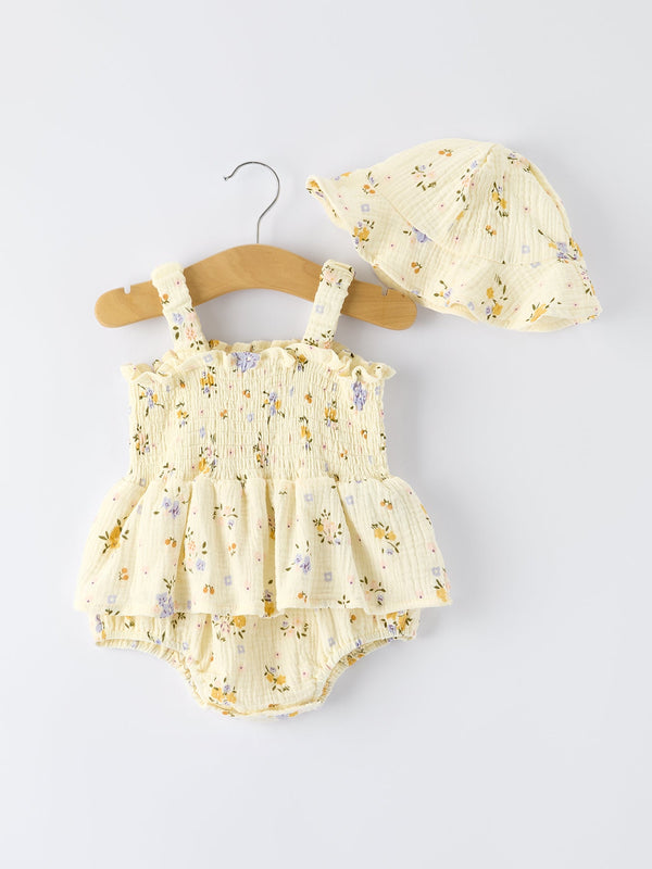 Floral Smocked Baby Romper with Matching Hat