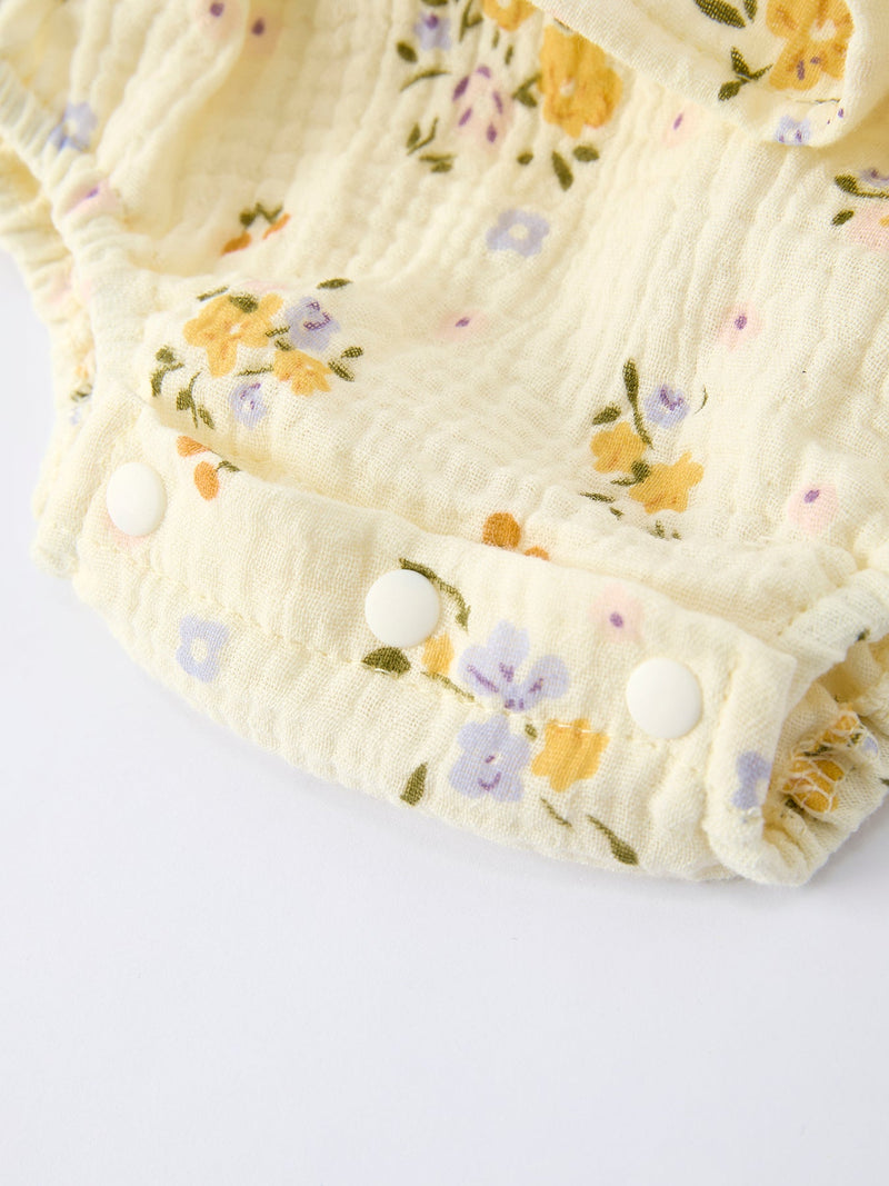 Floral Smocked Baby Romper with Matching Hat - 3